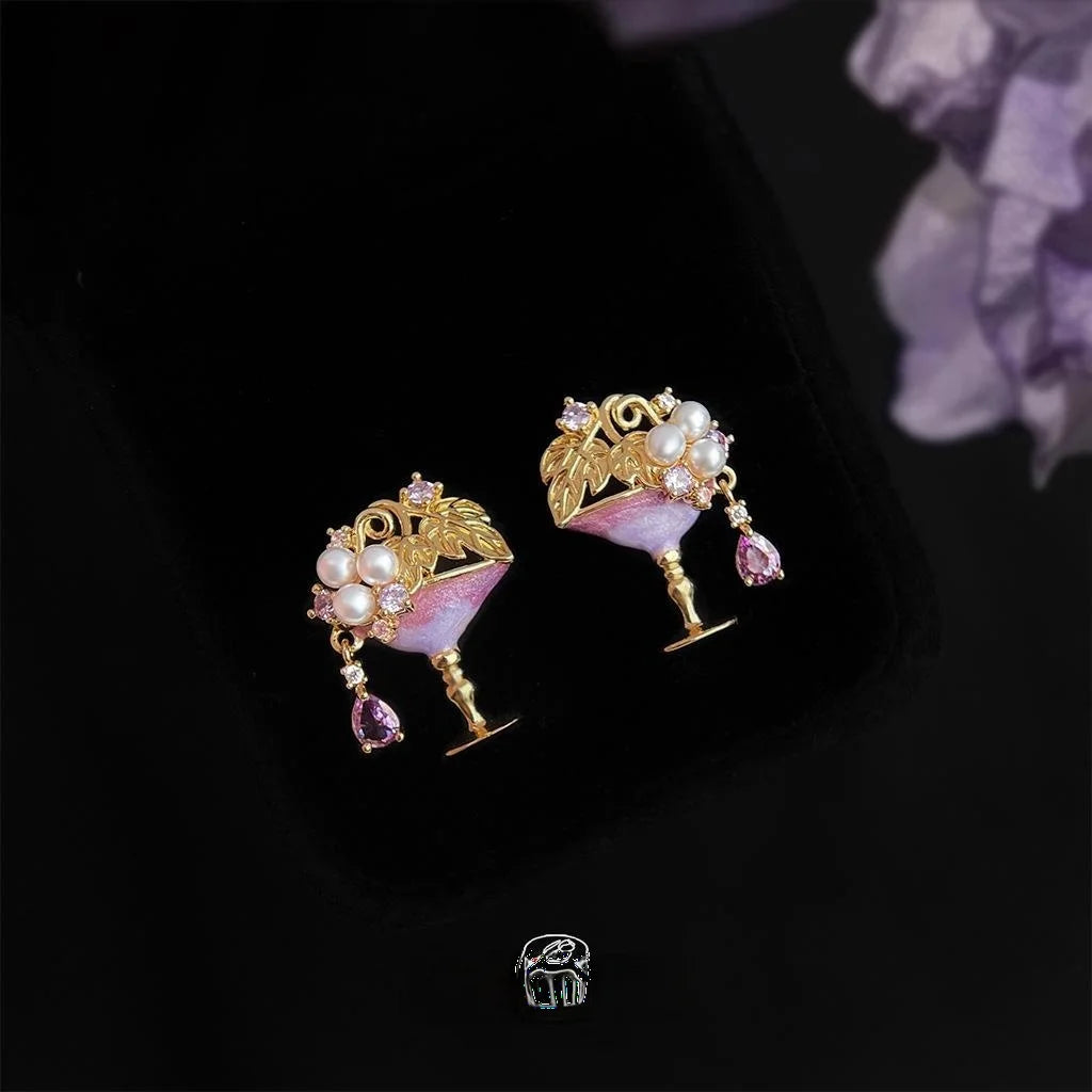 Designer Wine Glass Micro Pave Zircon Copper Stud Earrings Sweet Chic Jewelry