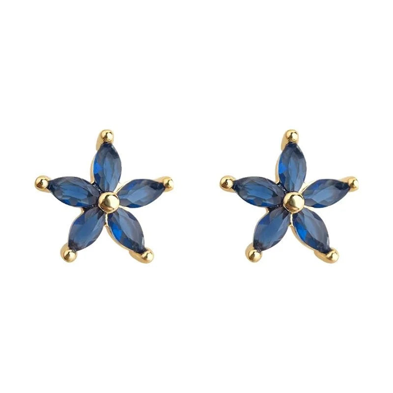 Blue Micro Pave Zircon Flower Stud Earrings For Women, Simple Summer Petal Jewelry