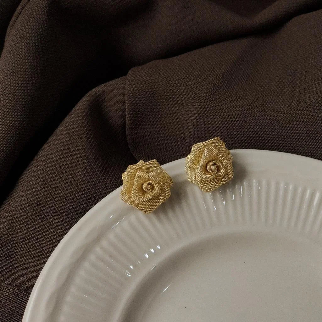 Elegant Vintage Yellow Rose Flower Drop Earrings Copper Gold Gauze Silver Plated Pin