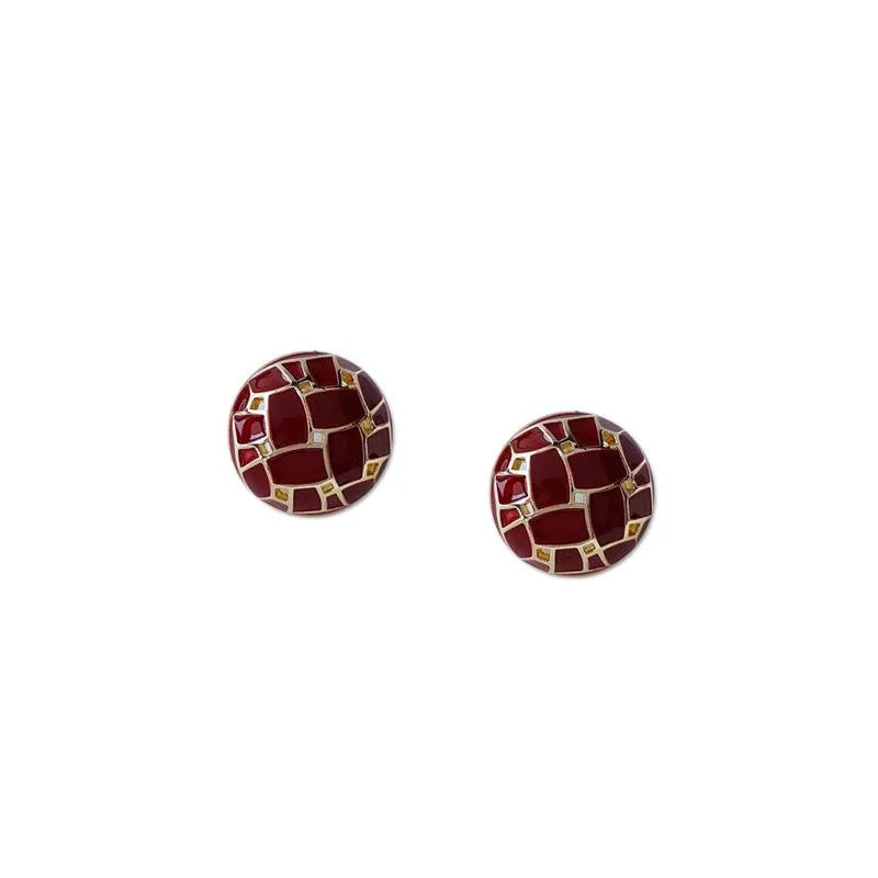 Premium Minimalist Burgundy Round Geometric Enamel Copper Stud Earrings With Silver Plated Pins