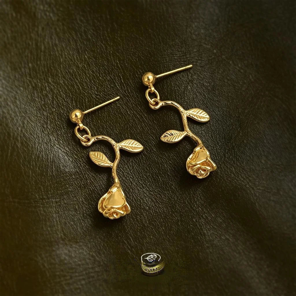 French Vintage 14K Rose Gold Plated Alloy Rose Flower Drop Earrings for Women