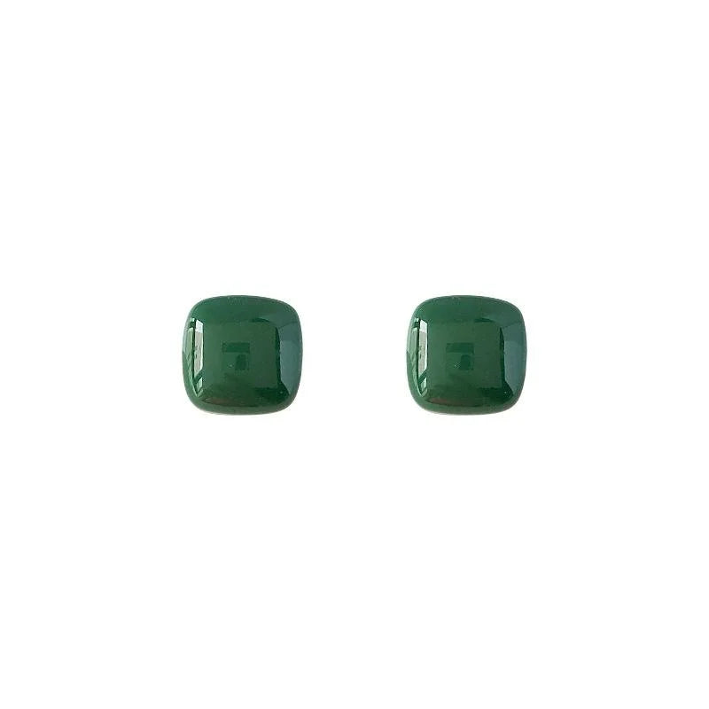 Dark Green Square Resin Stud Earrings With Silver Plated Pins Minimalist Geometric Jewelry