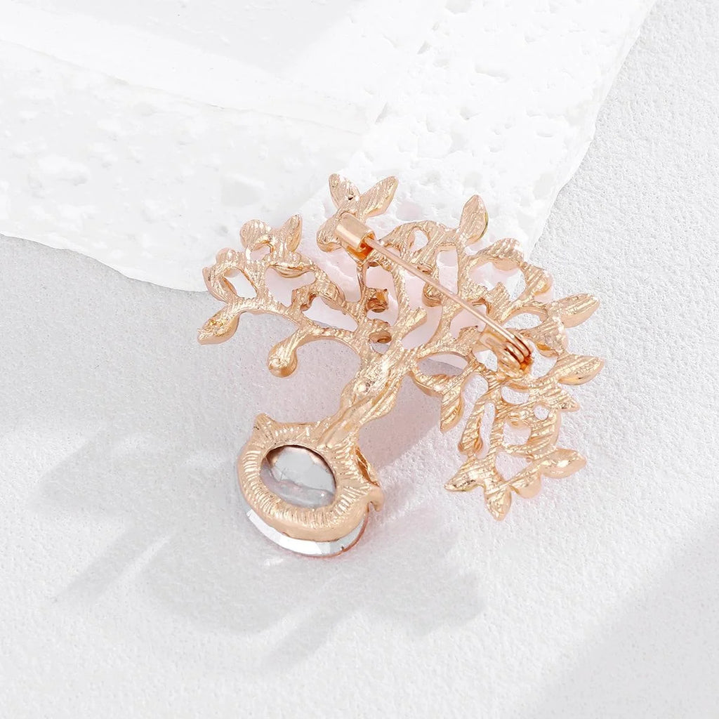 Elegant Fortune Tree Brooch With Pearls, Rhinestones And Red Crystal, Gold Alloy Lapel Pin Corsage Gift