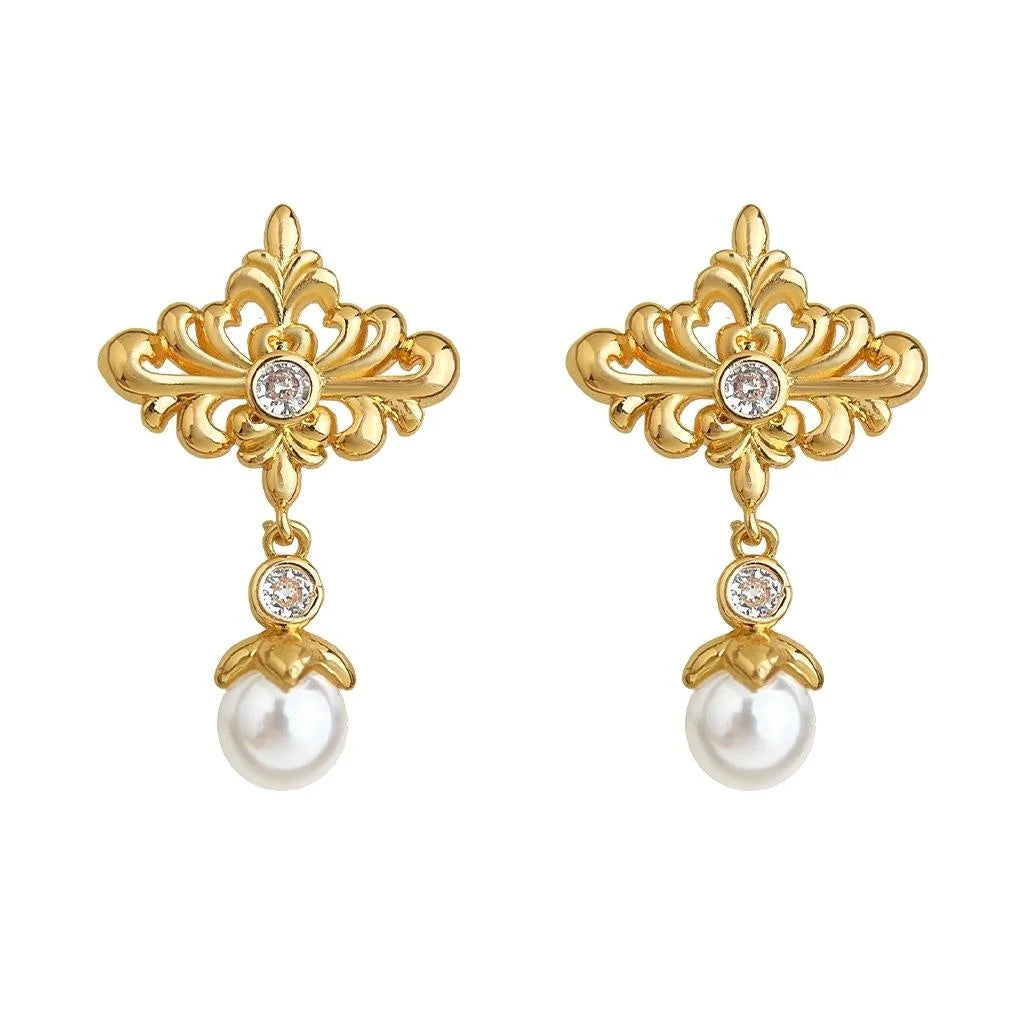 Original Design Iris Flower Pearl Copper Drop Earrings Geometric Luxury Style Women's Jewelry