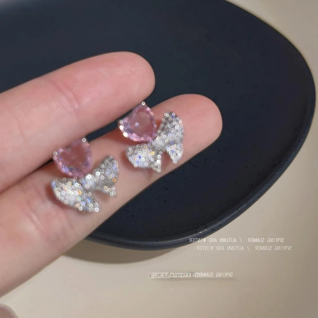 Sweet Cool Purple Heart Zircon Bow Stud Earrings Copper Full Zircon Niche Design Jewelry