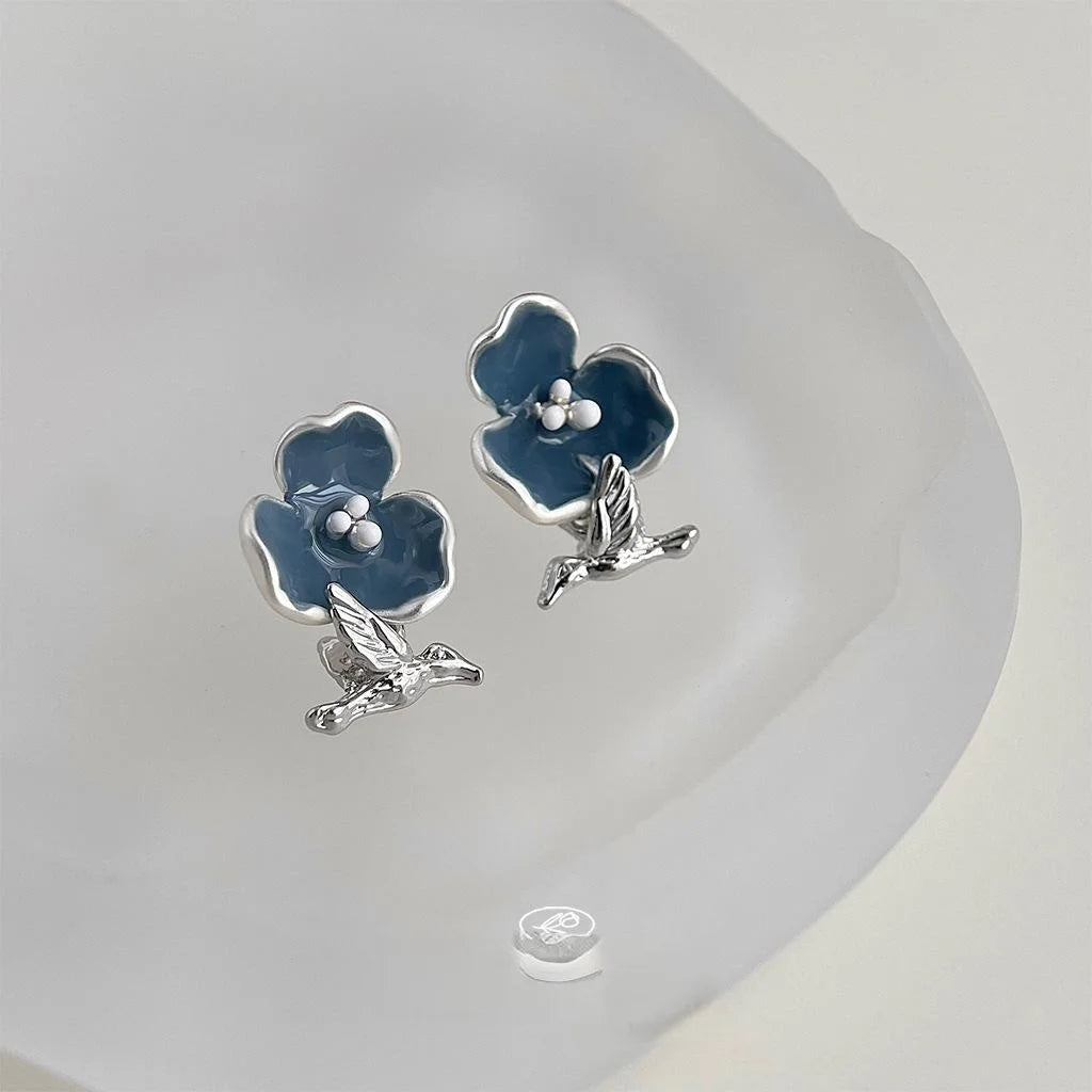 Premium Copper Enamel Flower Bird Stud Earrings Forest Style Hong Kong Fashion Jewelry