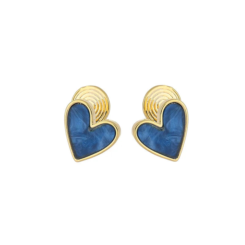 Blue Enamel Heart Alloy Stud & Clip On No Piercing Elegant Gold Tone Love Heart Earrings