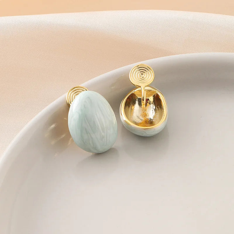 Light Blue Oval Bean Pearlescent Enamel Stud & Clip On No Piercing Elegant Vacation Earrings