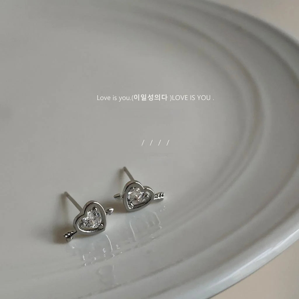 Korean Style Mini Heart Arrow Zircon Copper Stud Earrings With Silver Plated Pins
