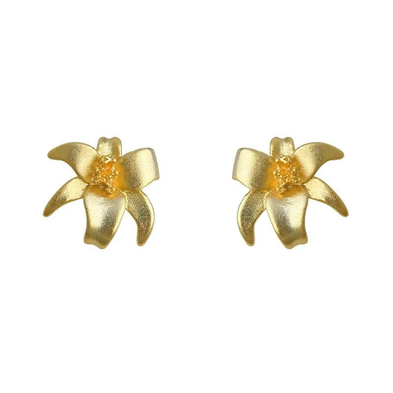 Sandblasted Copper Flower Stud Earrings Elegant High-End Fashion Jewelry