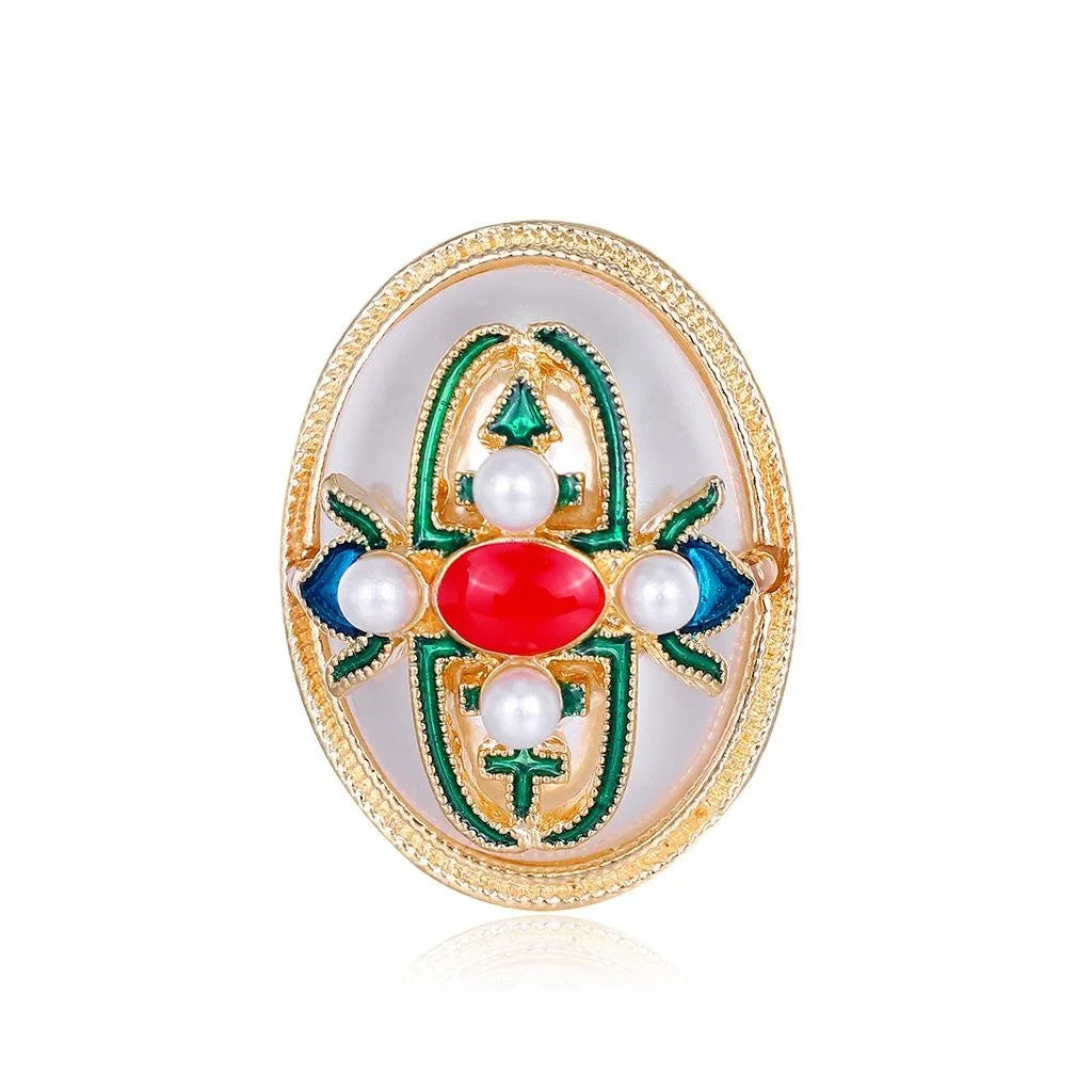 Vintage Baroque Pearl Enamel Oval Brooch With Rhinestone Trim, Elegant Women's Lapel Pin Qipao Suit Gift