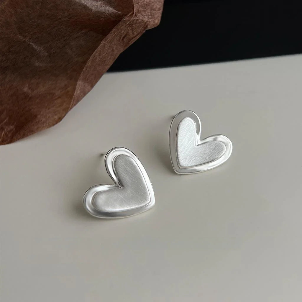 Korean Minimalist Brushed Double Layer Heart Copper Stud Earrings With Silver Plated Pins