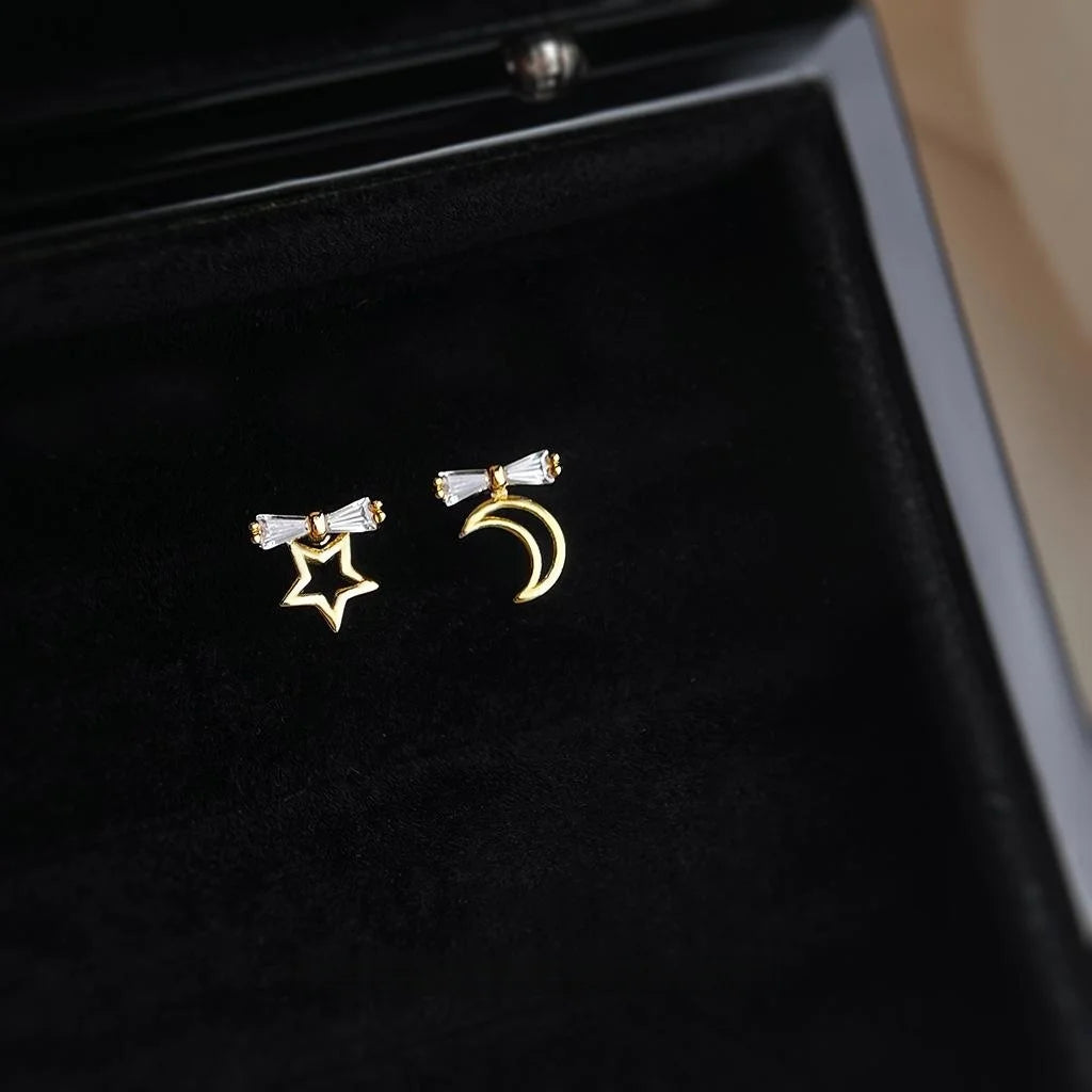 14K Plated Copper Asymmetric Star Moon Micro Pave Zircon Stud Earrings