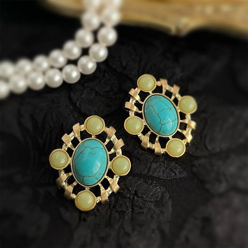 Vintage Synthetic Turquoise Resin Oval Hollow Geometric Drop Earrings