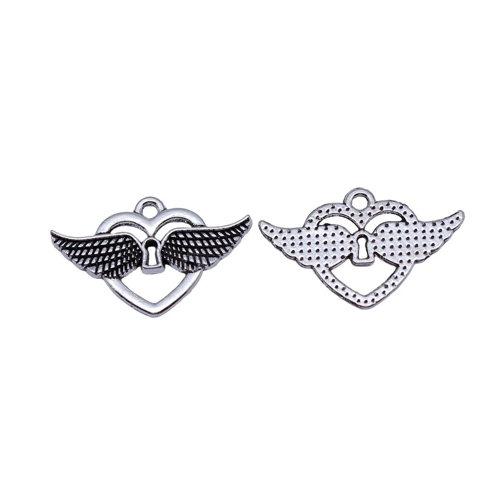 25x16mm 1.1g Antique Silver Zinc Alloy Winged Heart Lock Wing Charm Pendant for DIY Necklace Jewelry