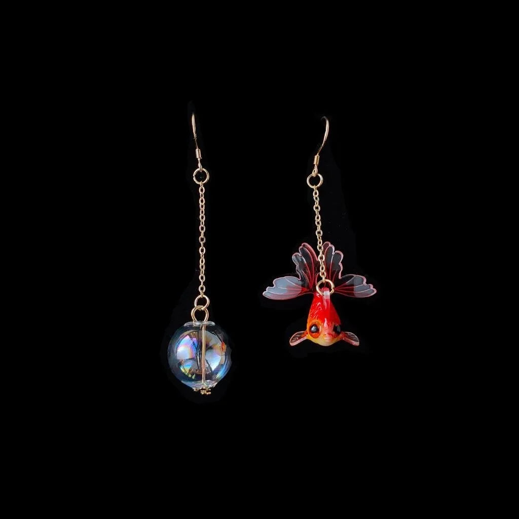 Silver And 14K Gold Plated Resin Goldfish Drop Earrings Asymmetric Japanese Style Jewelry