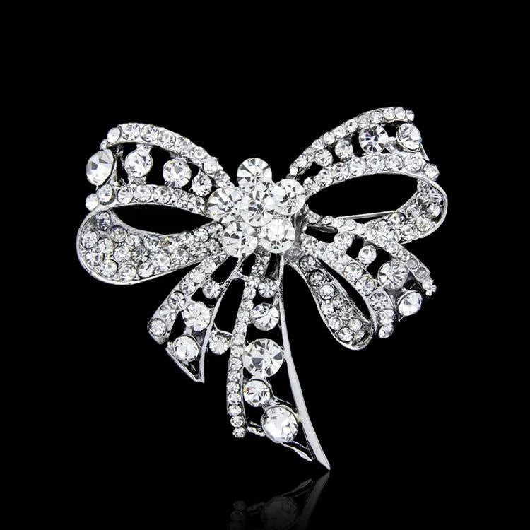 Elegant Rhinestone Bow Brooch Silver Alloy Crystal Lapel Pin Corsage For Women's Suit Accessory Gift