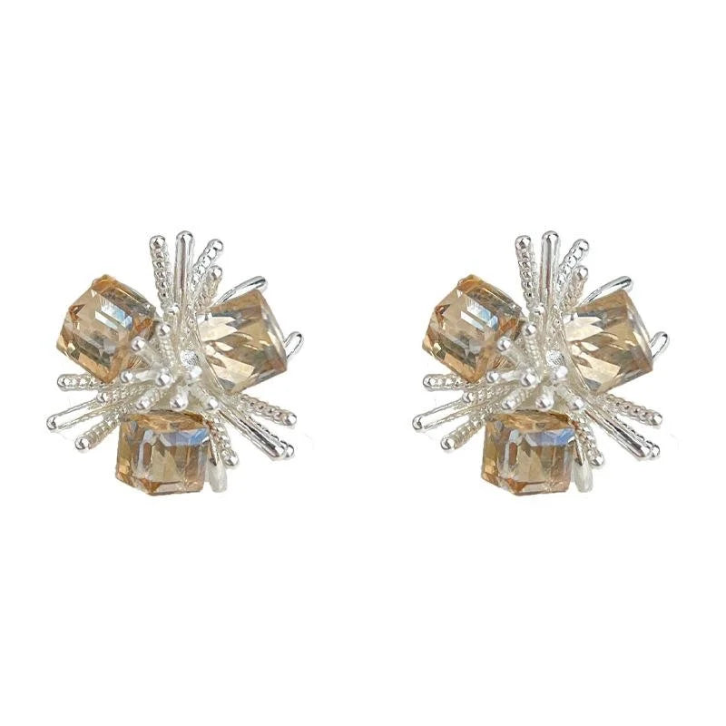 Coffee Tone Glass Crystal Flower Geometric Stud Earrings Silver Plated Copper Fashion Jewelry