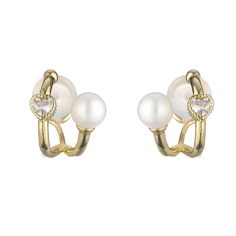 Elegant Heart Zircon Pearl Hoop Stud & Clip On No Piercing Gold Alloy Minimalist Ear Cuff Earrings