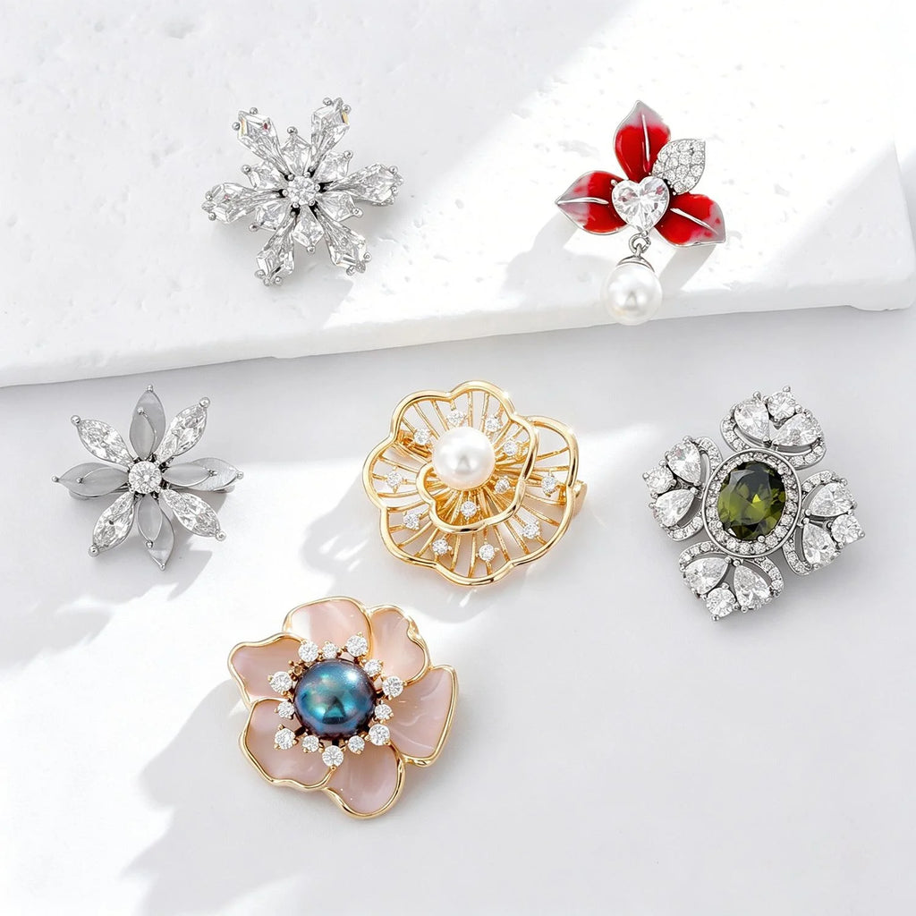 Elegant Camellia Flower Copper Brooch With Zircon Crystals, Luxury Women's Lapel Pin Suit Accessory Gift