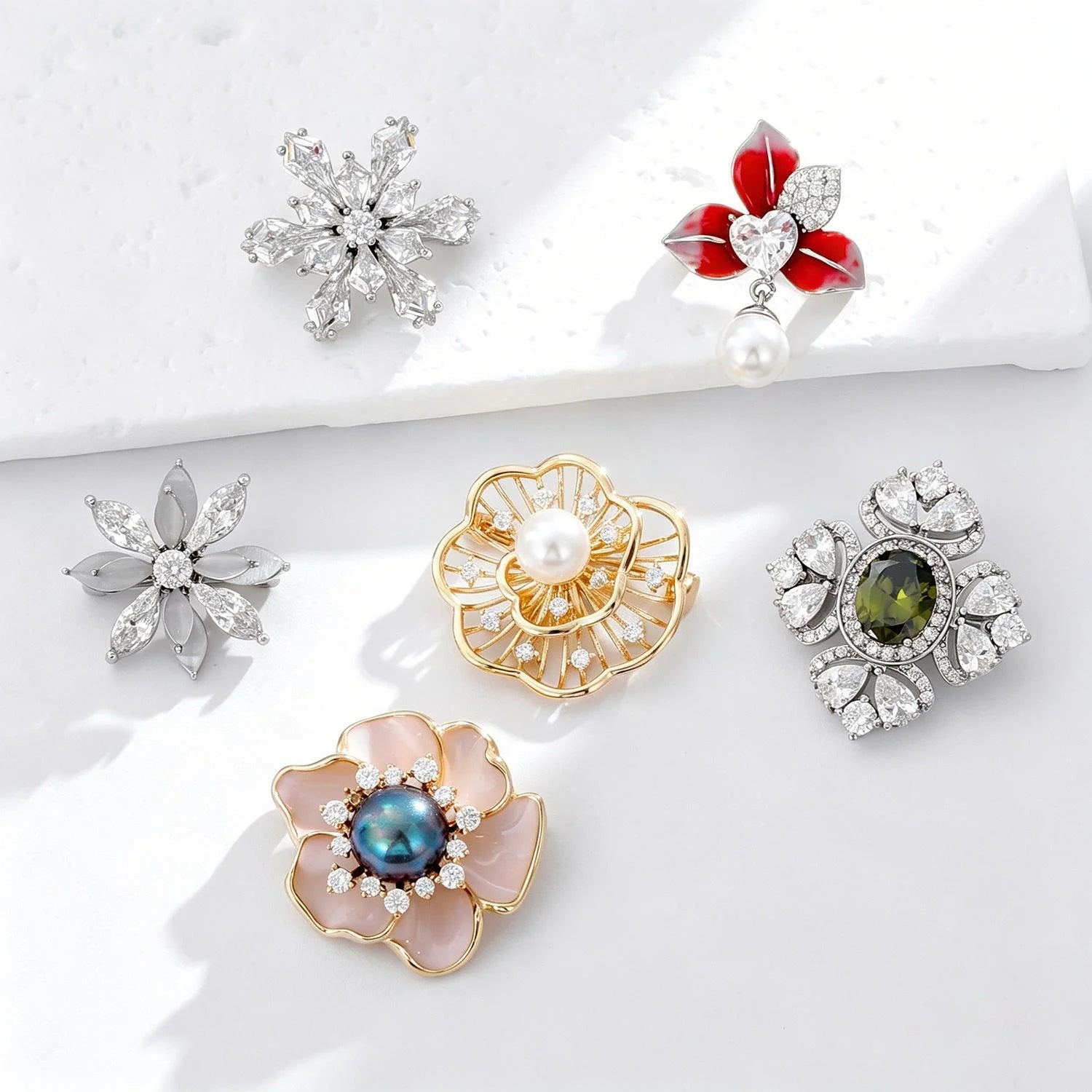 Elegant Camellia Flower Copper Brooch With Zircon Crystals, Luxury Women's Lapel Pin Suit Accessory Gift