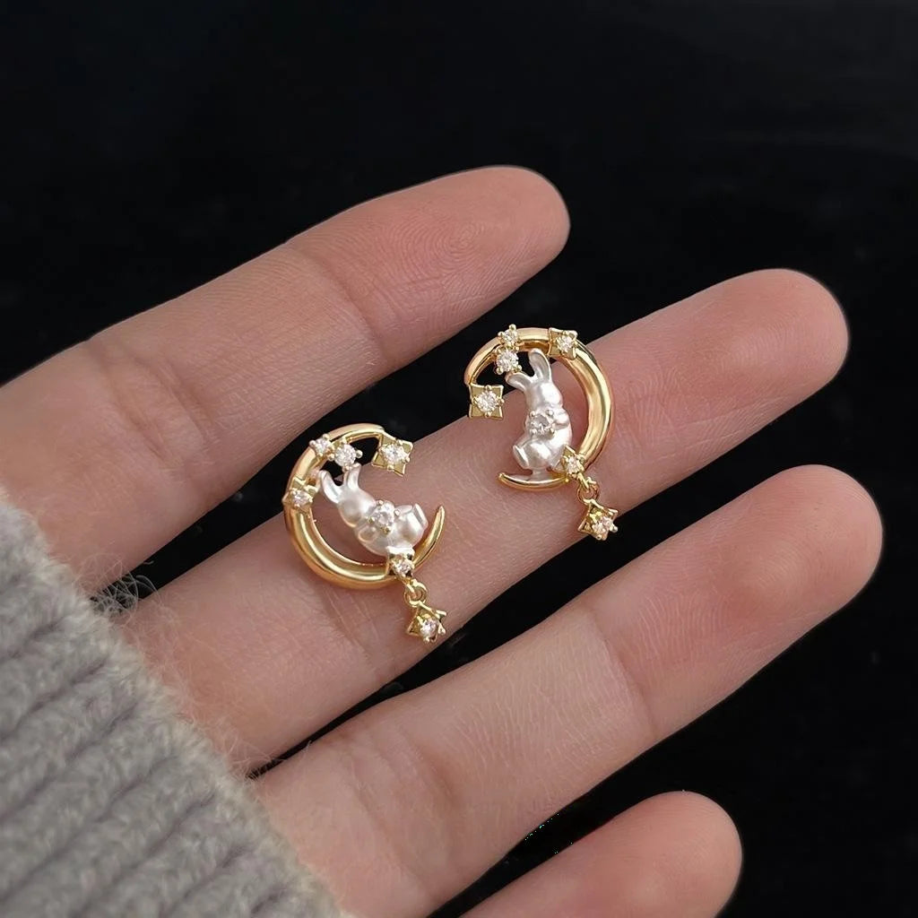 14K Plated Copper Moon Rabbit Micro Pave Zircon Stud Earrings Sweet Vacation Jewelry