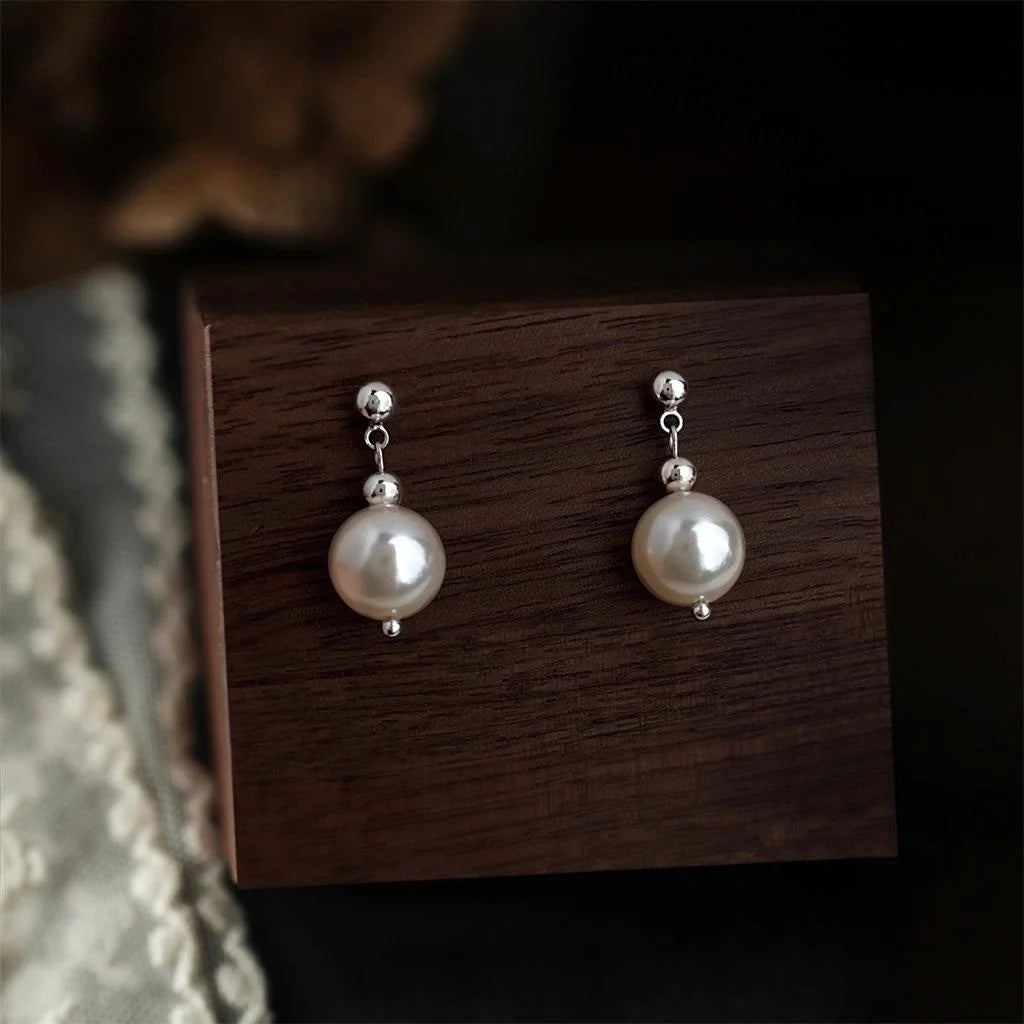 Handmade French Light Luxury Glass Pearl Geometric Sphere Drop Earrings For Women