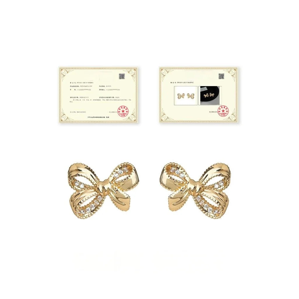 Light Luxury Copper Bow Knot Ribbon Micro Pave Zircon Silver Plated Stud Earrings