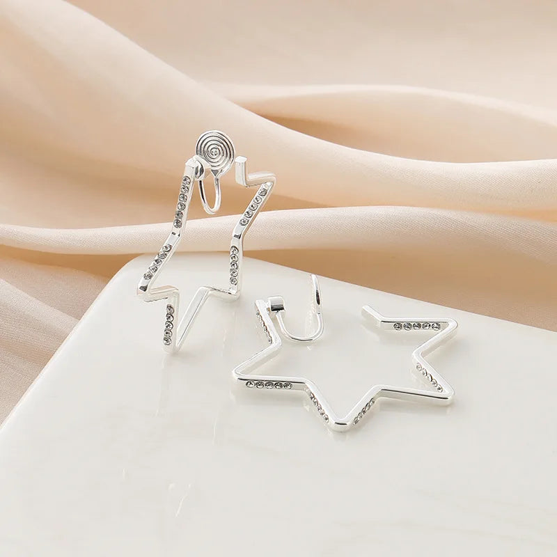 Elegant Silver Alloy Rhinestone Five Point Star Hoop Stud & Clip On No Piercing Fashion Earrings