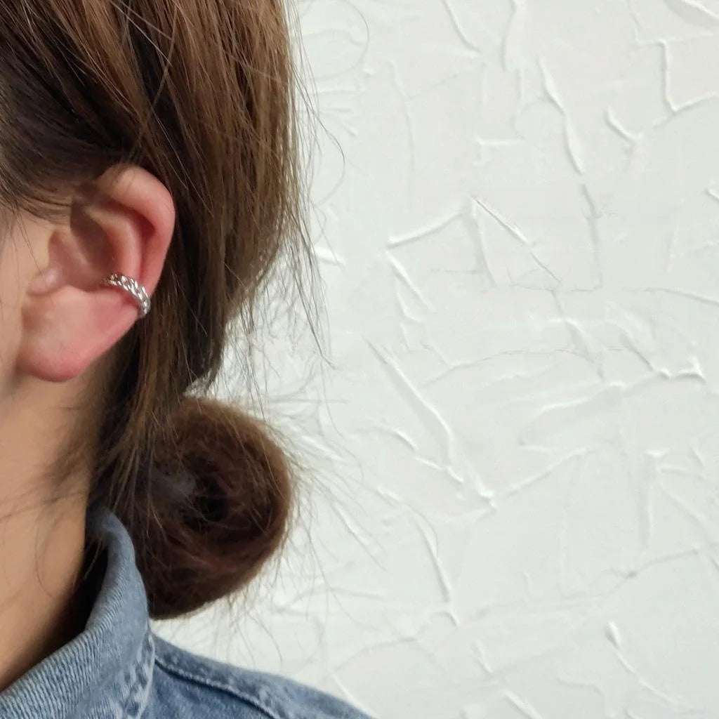 Silver Tone Copper Geometric Woven Hollow Chain Ear Cuff Drop Earrings No Piercing Korean Style