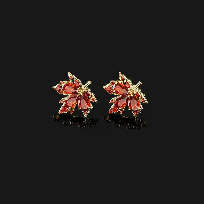Luxury Vintage Red Zircon Maple Leaf Alloy Stud & Clip On No Piercing Elegant Statement Earrings
