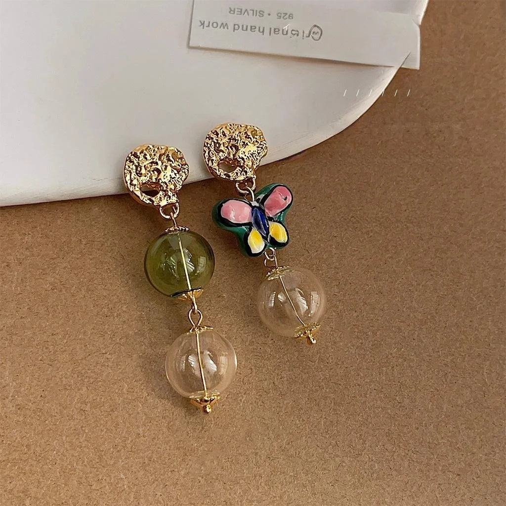 Original Designer Asymmetric Glass Bubble Ball Ceramic Butterfly Copper Drop Earrings