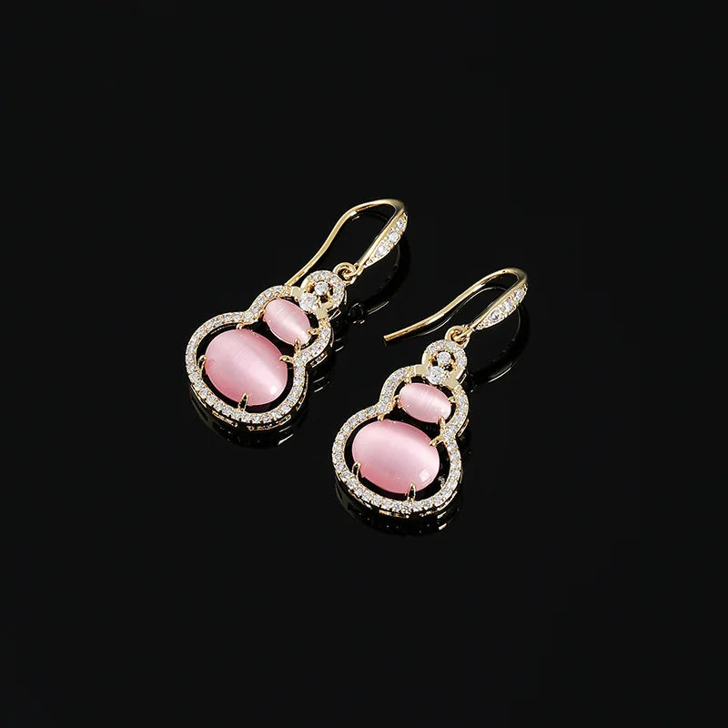 Elegant Pink Cat Eye Stone Gourd Drop Alloy Rhinestone Stud & Clip On No Piercing Vintage Earrings