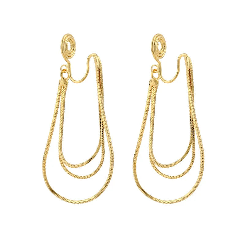 Elegant Gold Alloy Snake Bone Chain Loop Tassel Stud & Clip On No Piercing Spiral Drop Earrings