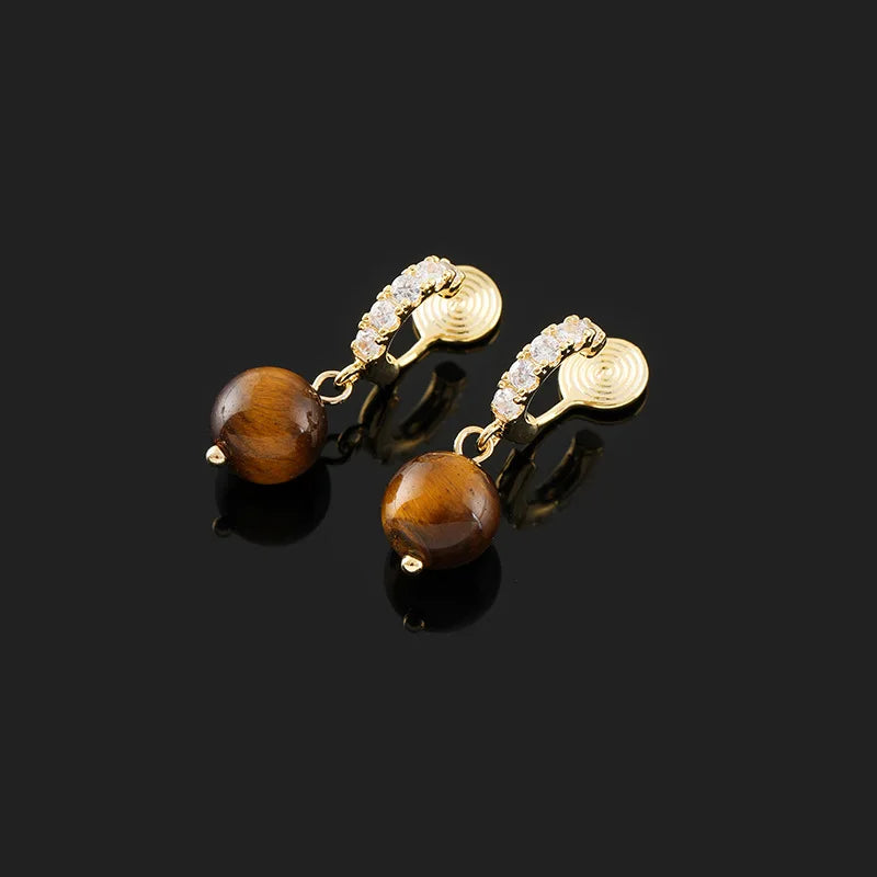 Vintage Tiger Eye Stone Bead Dangle Stud & Clip On No Piercing Zircon Spiral Disc Luxury Earrings