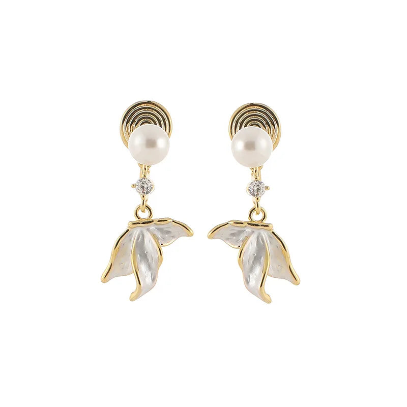 Elegant Pearl Fish Tail Tassel Alloy Enamel Zircon Stud & Clip On No Piercing Drop Earrings