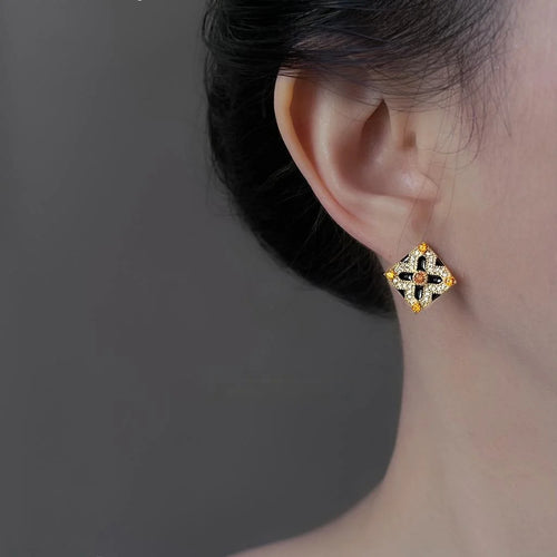 Copper Enamel Floral Geometric Micro Pave Zircon Stud Earrings For Women