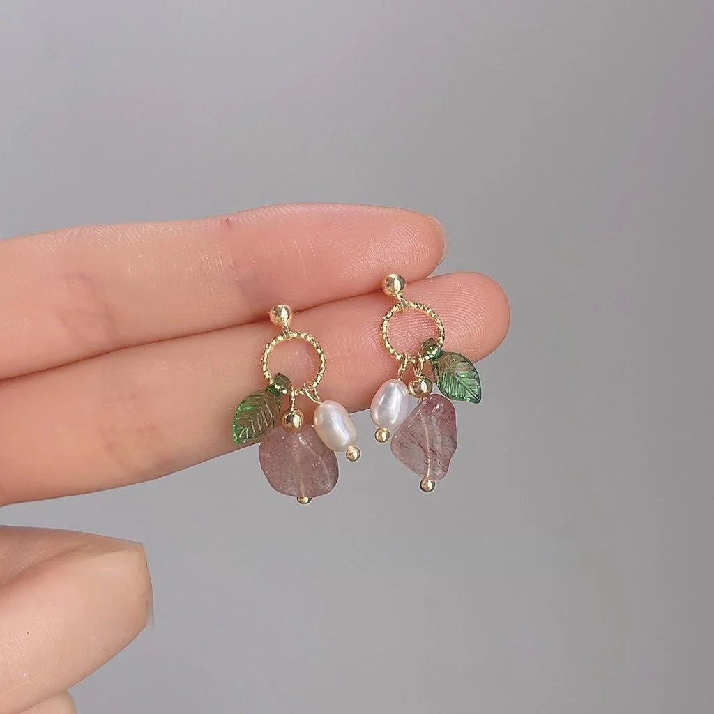 14K Gold Plated Copper Freshwater Pearl Strawberry Quartz Vintage Geometric Stud Earrings