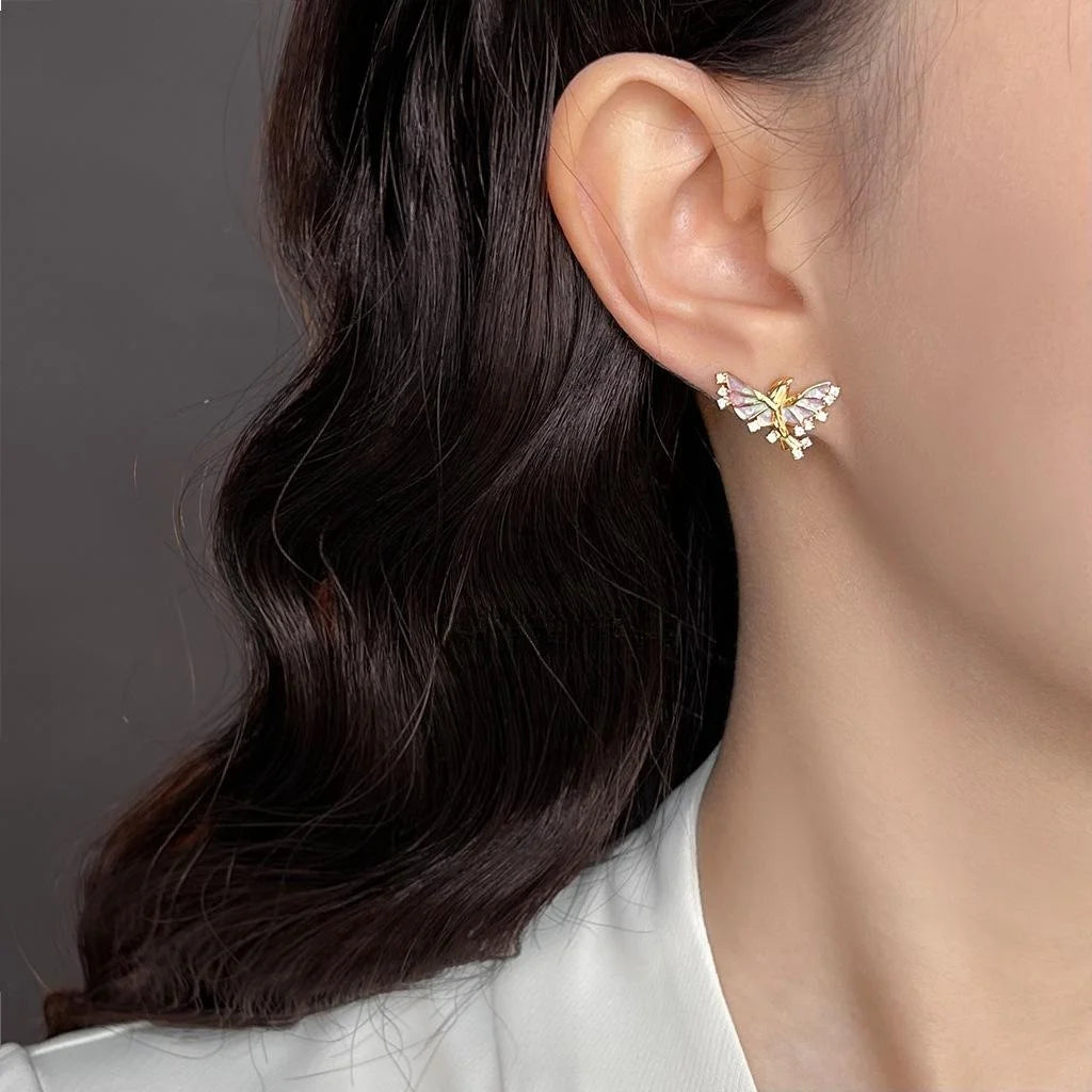 14K Gold Plated Copper Flying Fish Zircon Enamel Stud Earrings Fairy Style Jewelry