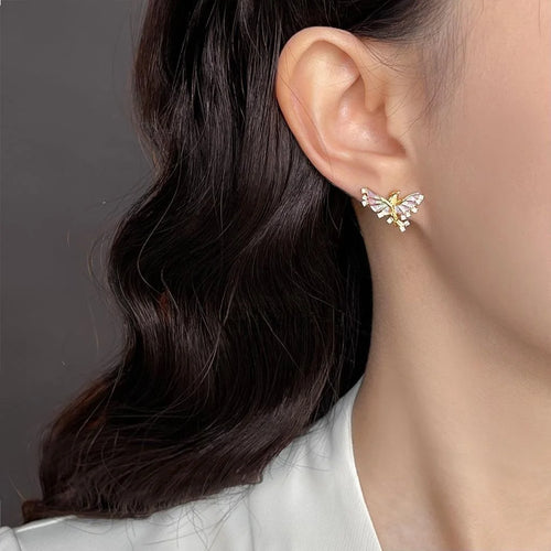 14K Gold Plated Copper Flying Fish Zircon Enamel Stud Earrings Fairy Style Jewelry