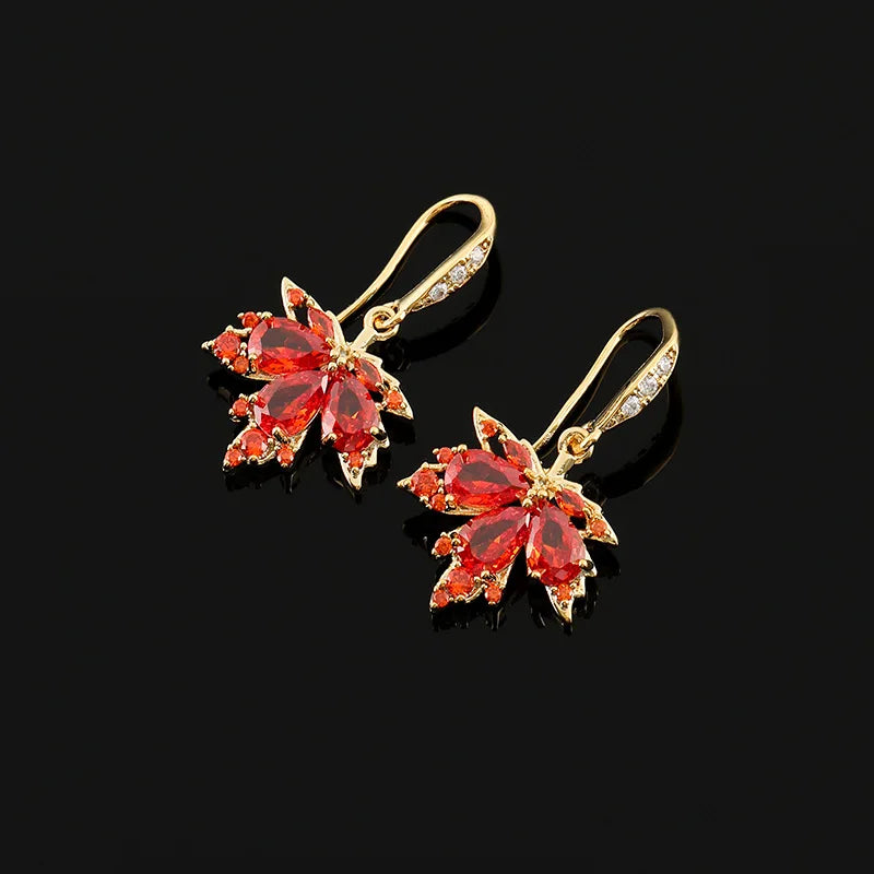 Luxury Orange Red Zircon Maple Leaf Dangle Stud & Clip On No Piercing Gold Alloy Vintage Earrings