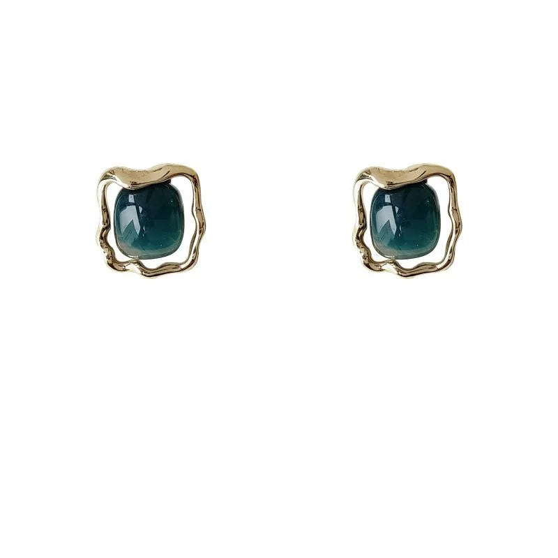 Haze Blue Vintage Square Alloy Resin 14K Plated Hollow Geometric Stud Earrings