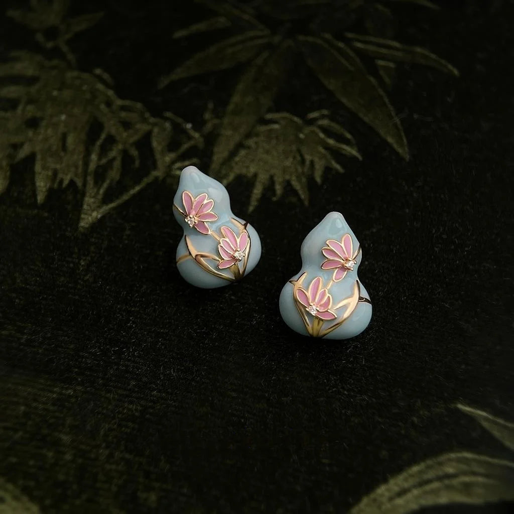 Chinese Style Enamel Painted Copper Lotus Gourd Stud Earrings