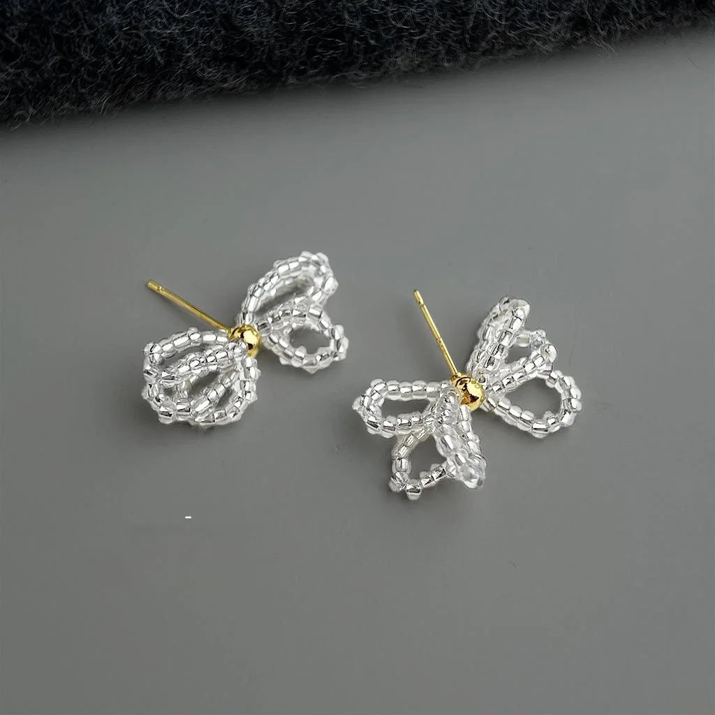 Handwoven Glass Glaze Bow Stud Earrings Sweet Fairy Vacation Style Jewelry