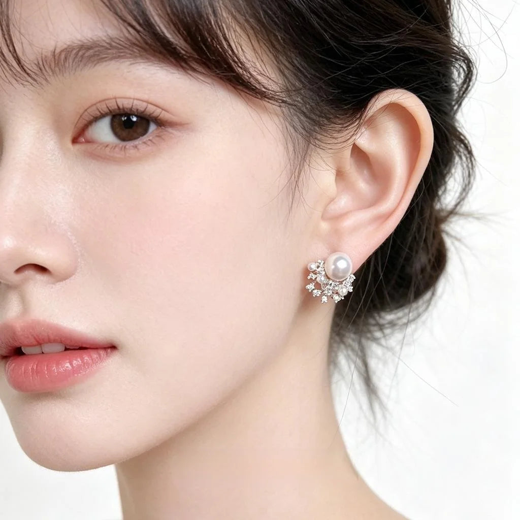 Light Luxury Copper Pearl Flower Geometric Zircon Pave Stud Earrings