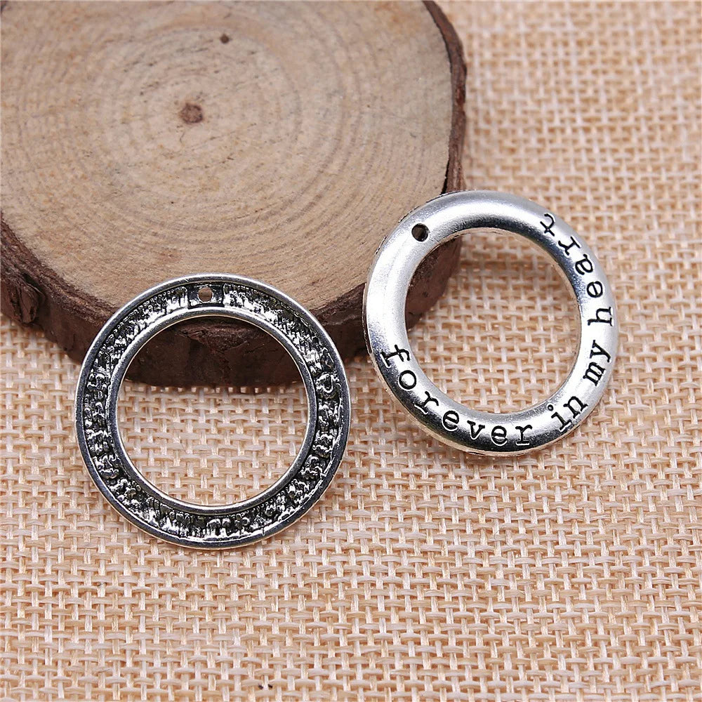 28x28mm 2.9g Zinc Alloy Forever in My Heart Round Ring Letter Charm Pendant for DIY Memorial Jewelry