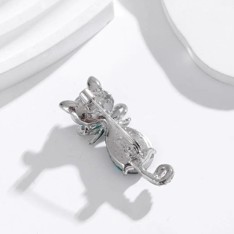 Cute Blue Crystal Cat Brooch With Rhinestone Tail, Elegant Alloy Lapel Pin Corsage Suit Accessory Gift