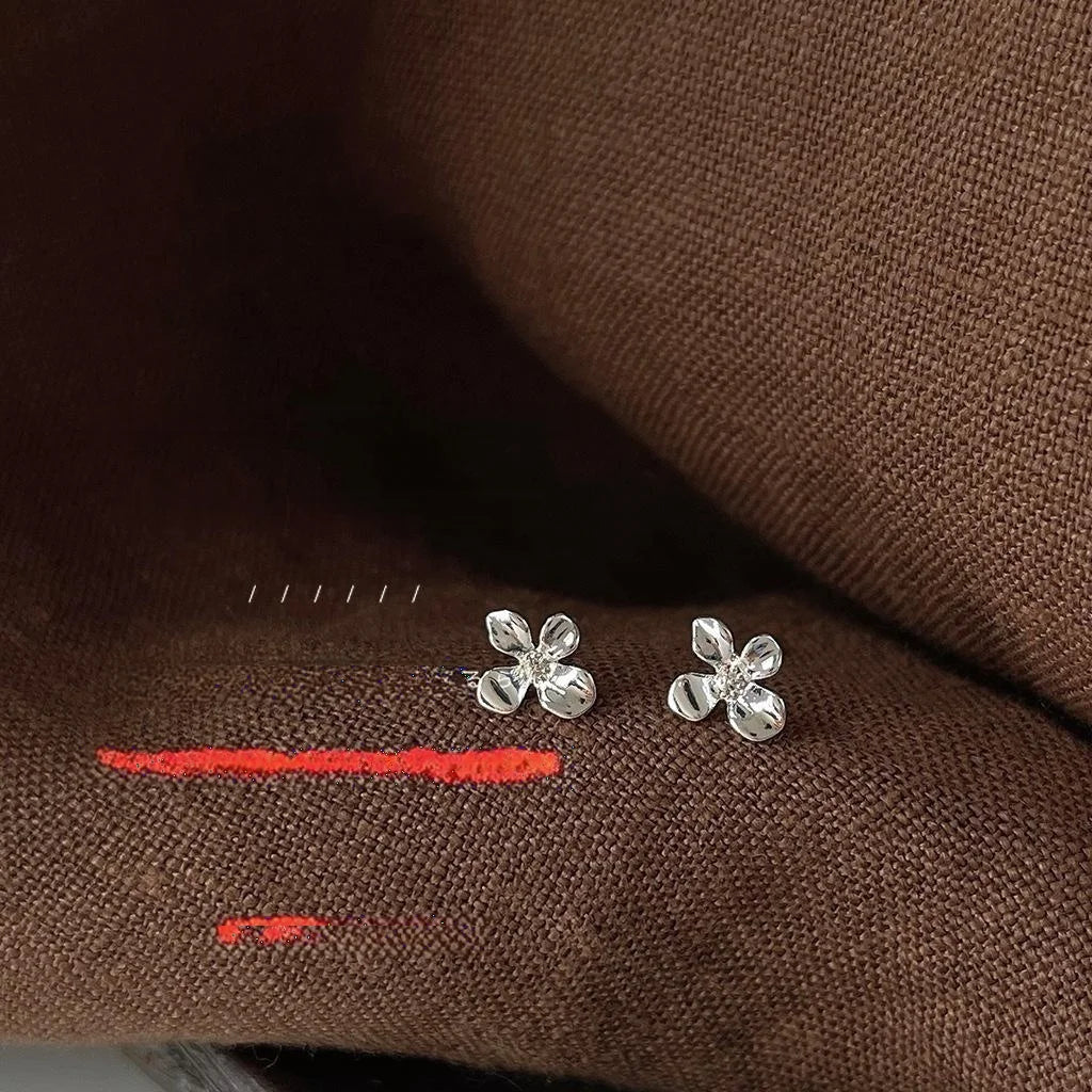 Silver Plated Copper Flower Petal Stud Earrings Minimalist Mini Everyday Jewelry