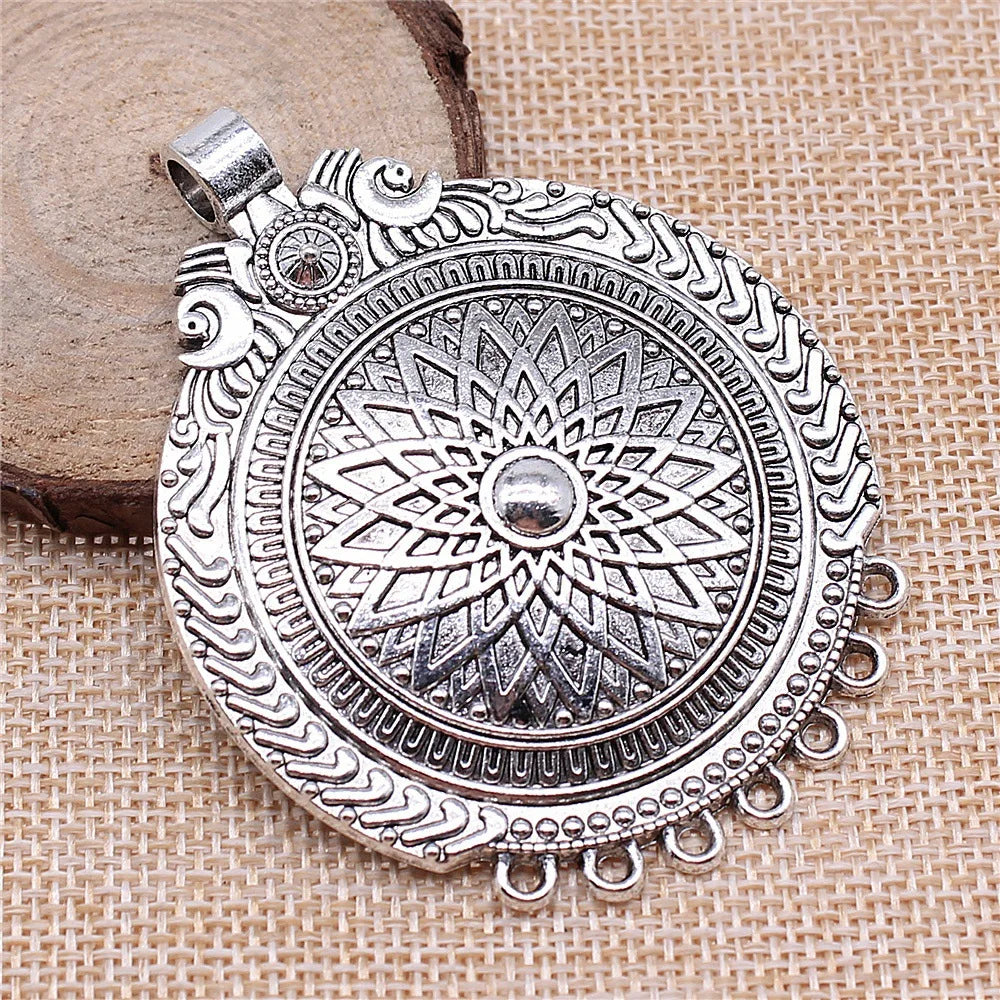 57x71mm 19g Antique Silver Zinc Alloy Carved Large Round Disc Charm Pendant for DIY Jewelry