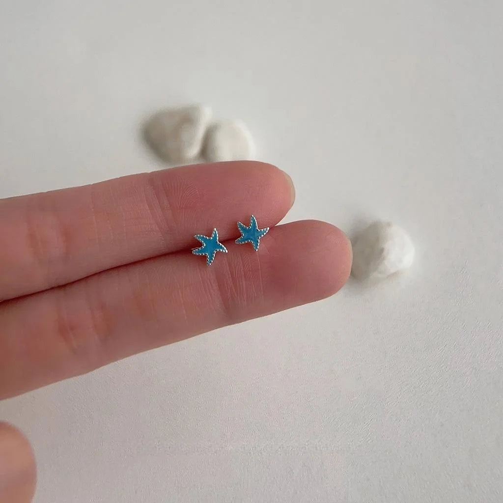 Mini Blue Starfish Copper Stud Earrings Cute Sweet Minimalist Commuter Jewelry For Women